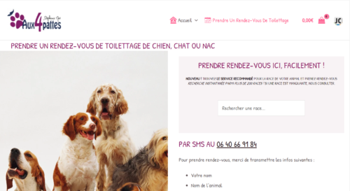 Page d'accueil du système de prise de rendez-vous pour toilettage de chiens, chats et NAC.