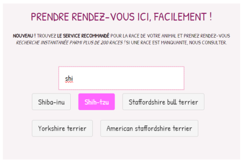 Résultats de la recherche de races pour la prise de rendez-vous de toilettage.