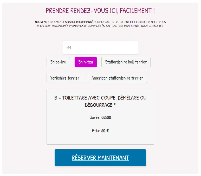 Sélection de la race et affichage du service de toilettage recommandé