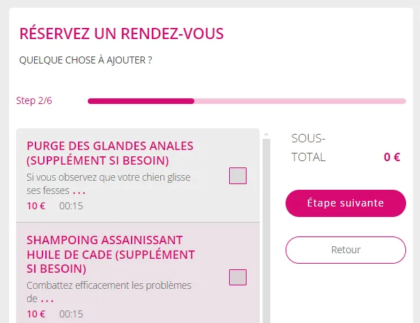 Ajout de prestations supplémentaires optionnelles pour le rendez-vous de toilettage