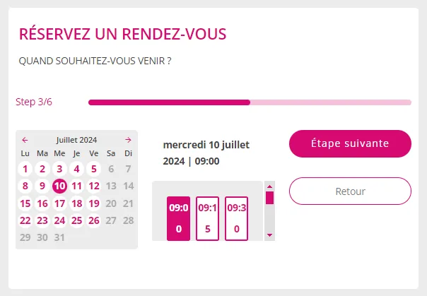 Sélection de la date et de l'heure pour le rendez-vous de toilettage