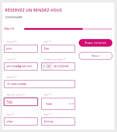 Formulaire pour entrer les informations personnelles et celles de l'animal pour la prise de rendez-vous